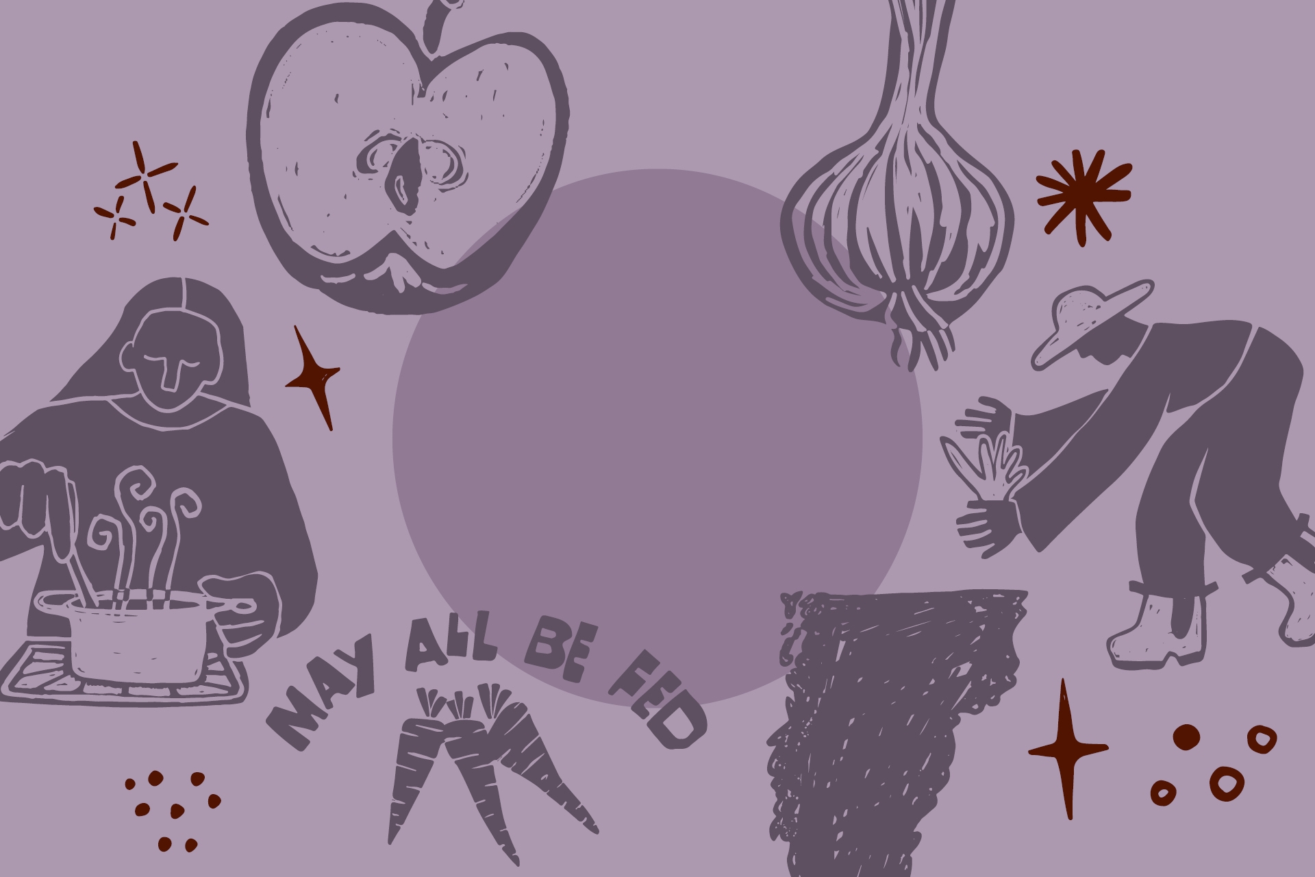 graphics of food and people on a light purple background